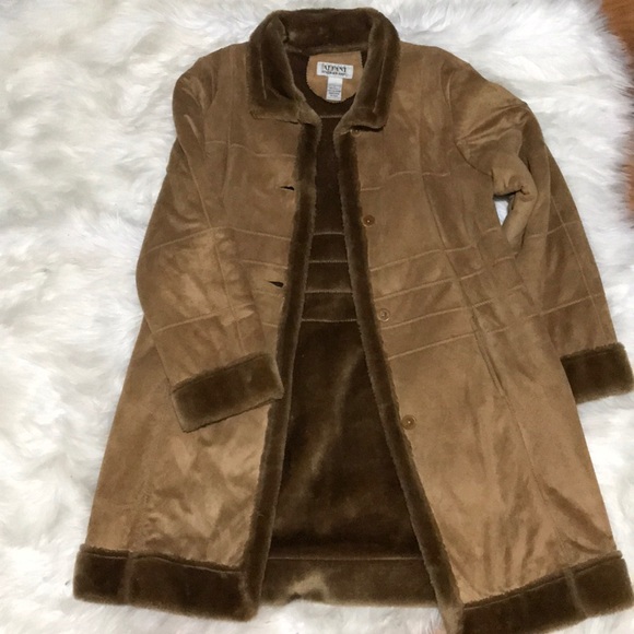 Alfani coffee suede faux fur trim coat - Picture 3 of 6